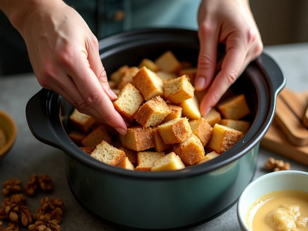 Layering bread apples and walnuts for slow cooker bread pudding