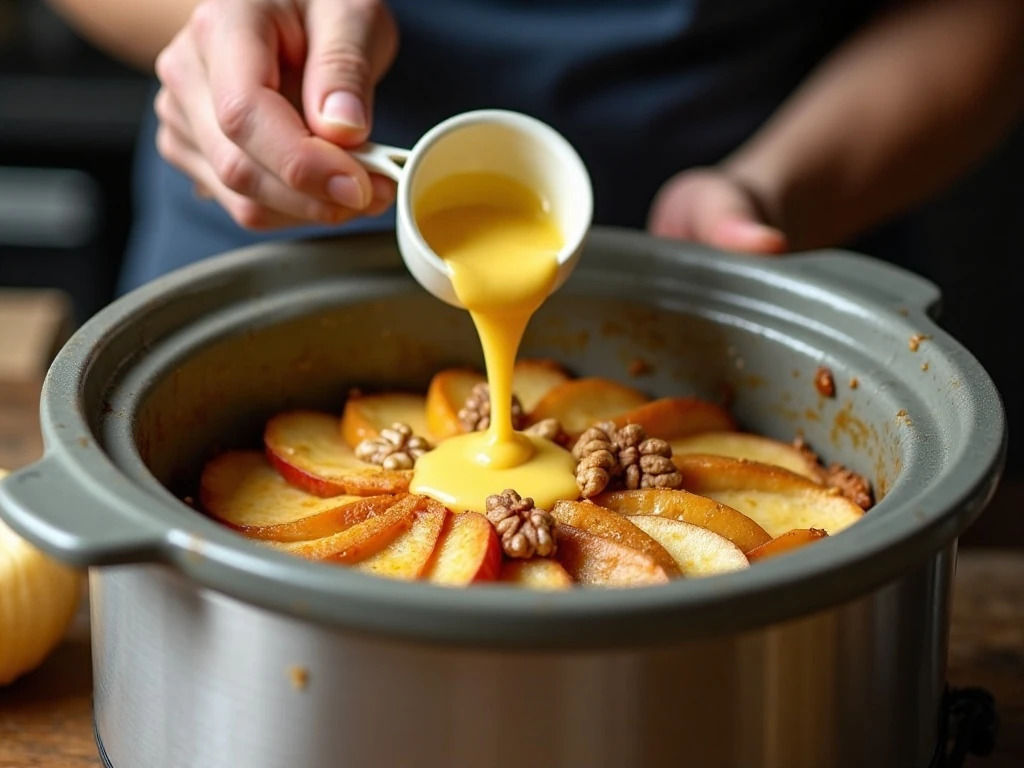 Pouring custard over bread pudding ingredients in a slow cooker