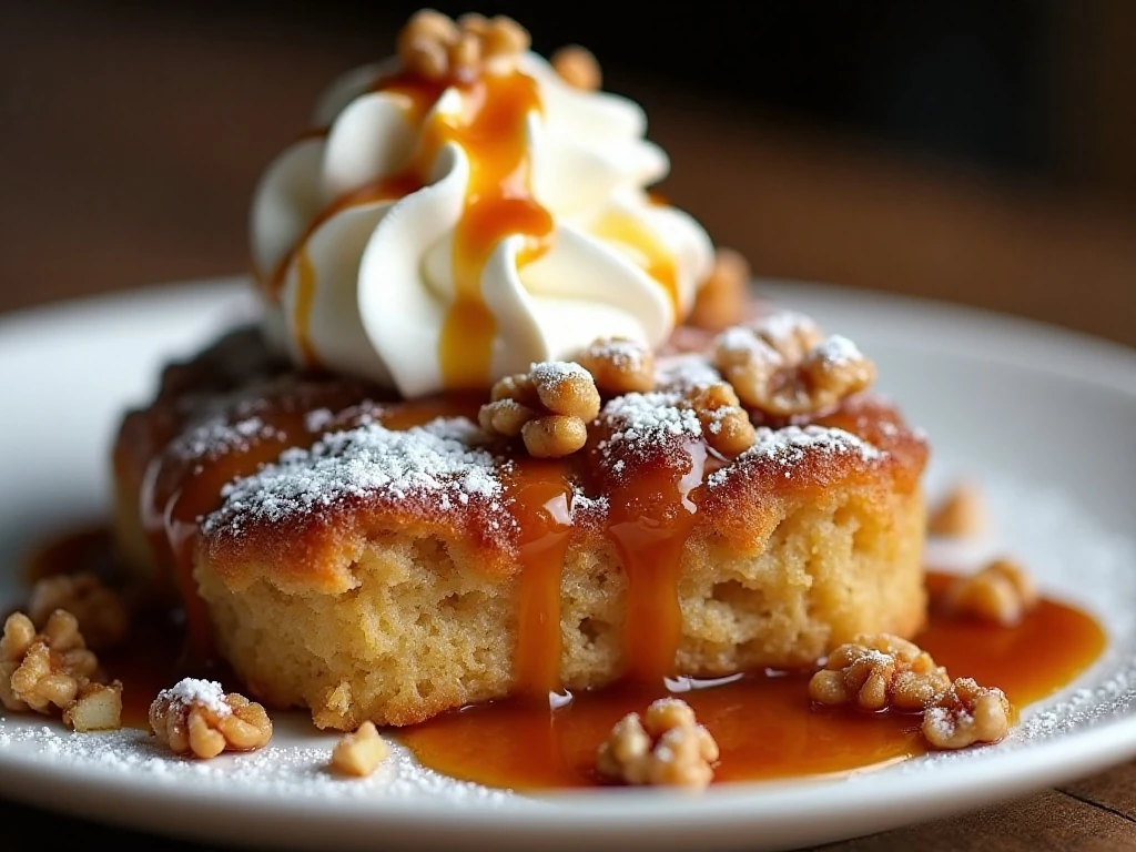 Apple walnut bread pudding topped with caramel whipped cream and powdered sugar