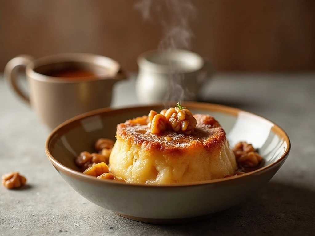 Individual serving of reheated apple walnut bread pudding