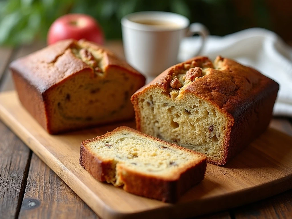 Two moist apple walnut zucchini bread loaves with slices showing the tender crumb