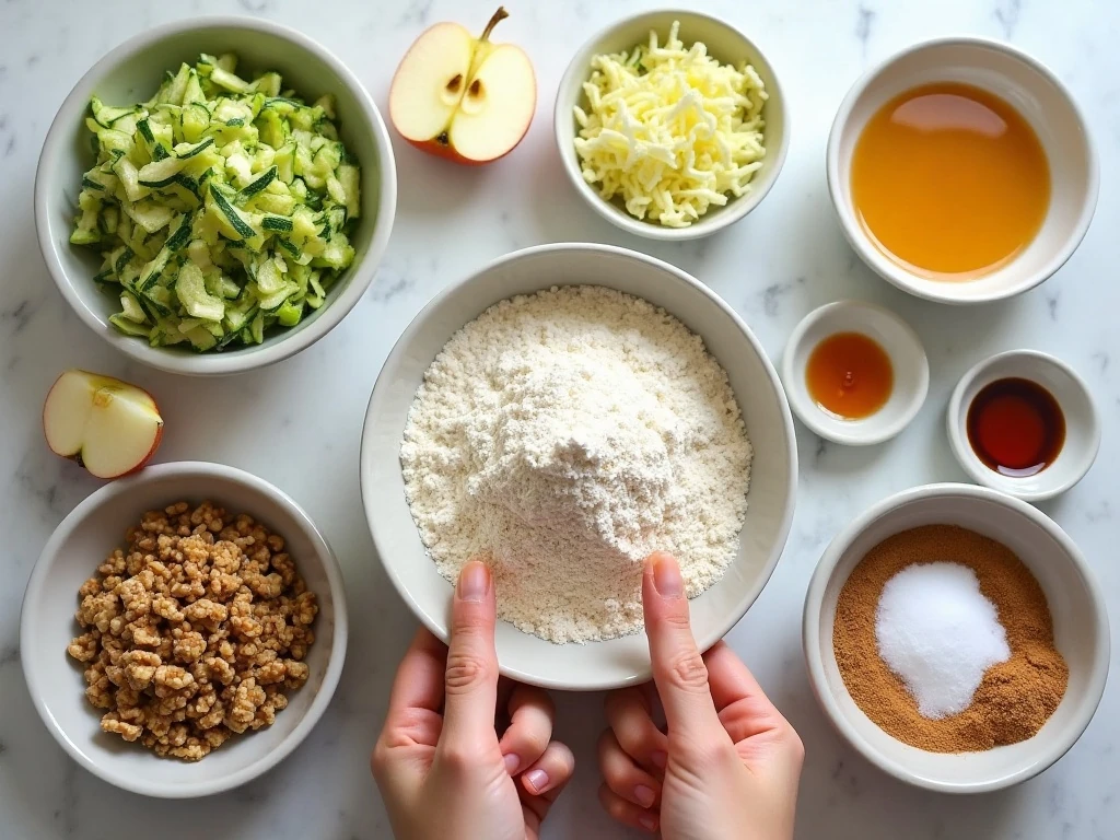 Ingredients arranged for moist apple walnut zucchini bread