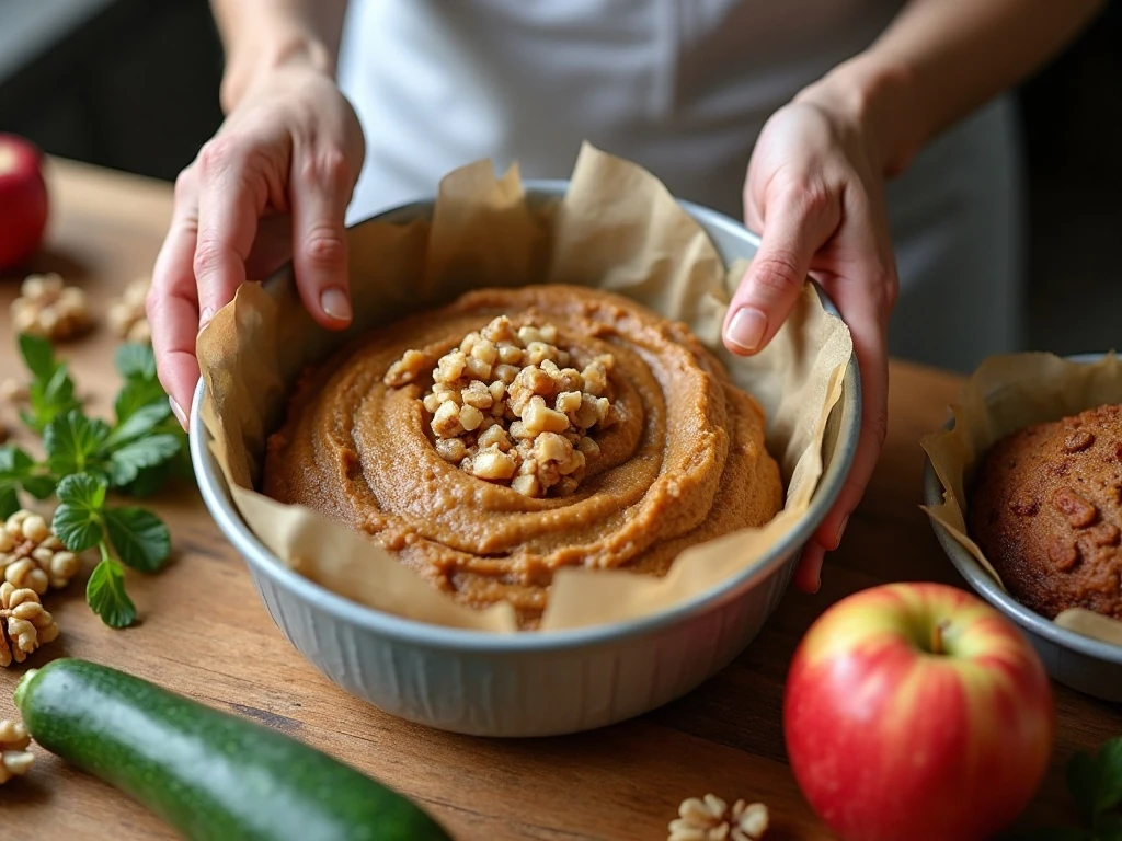 Walnuts being folded into apple zucchini bread batter before baking