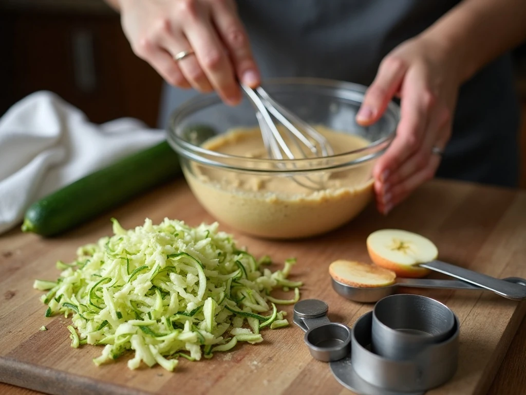 Shredded zucchini and apple prepared for a moist quick bread crumb