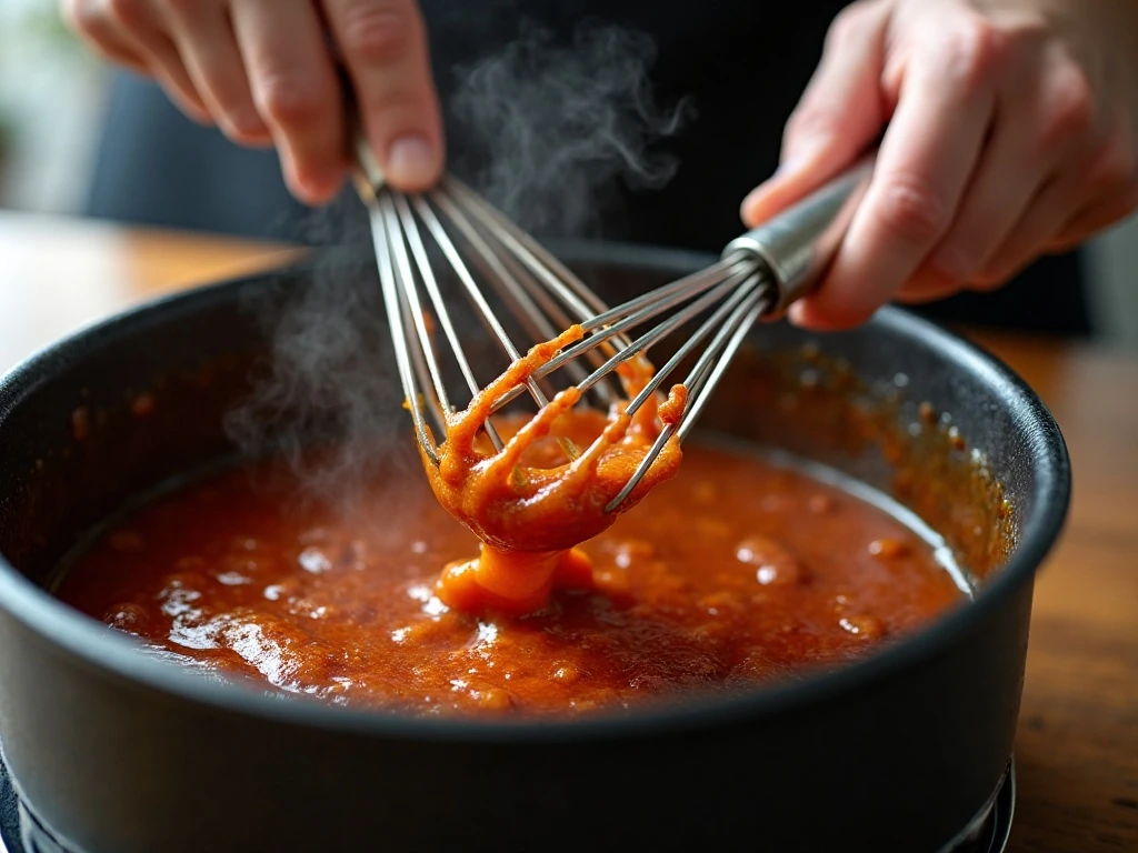 Apple-ale barbecue sauce simmering in a saucepan