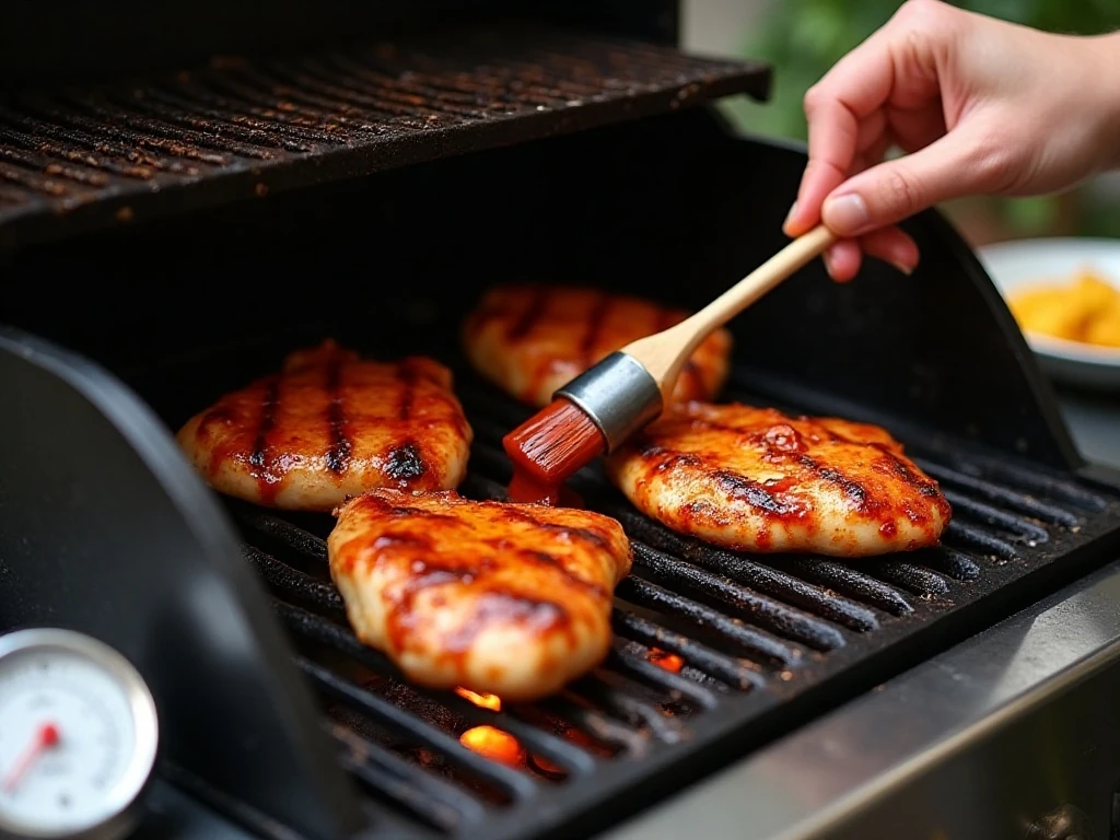 Brushing barbecue sauce onto chicken during grilling