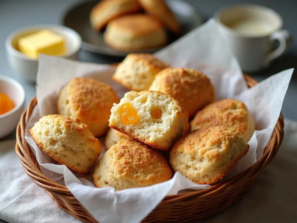 Warm apricot coconut scones served with butter, cream, and apricot jam