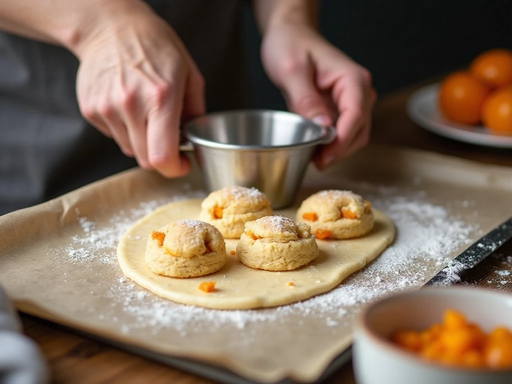 Cutting apricot coconut scone dough into rounds