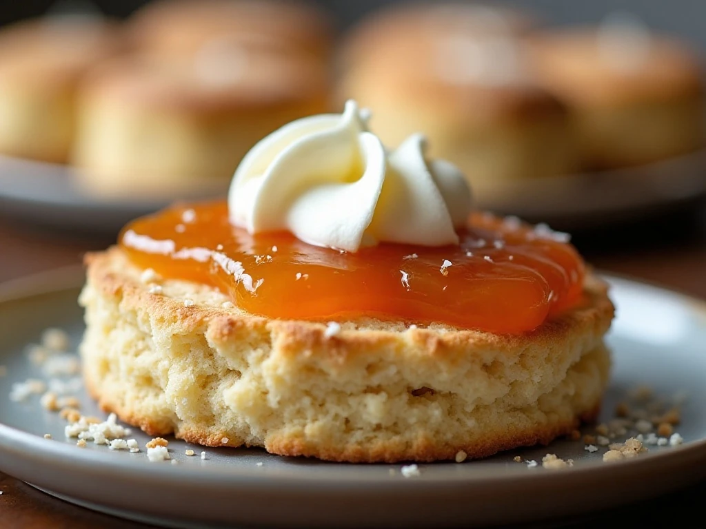 Apricot coconut scone topped with jam, butter, and cream