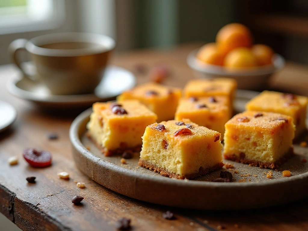 Squares of homemade apricot raisin cake served on a platter