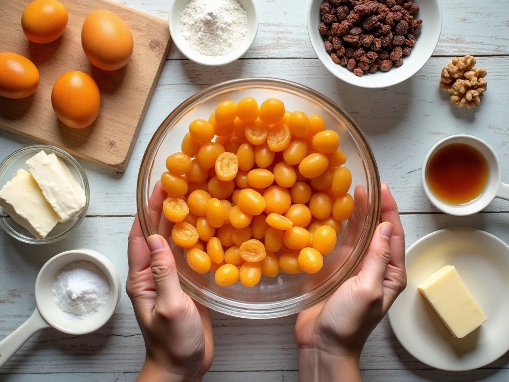 Ingredients for easy apricot raisin cake arranged for baking