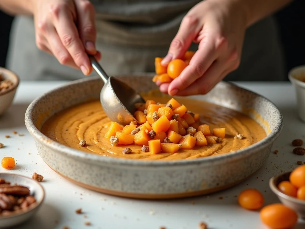 Apricots and raisins folded into batter for fruit cake