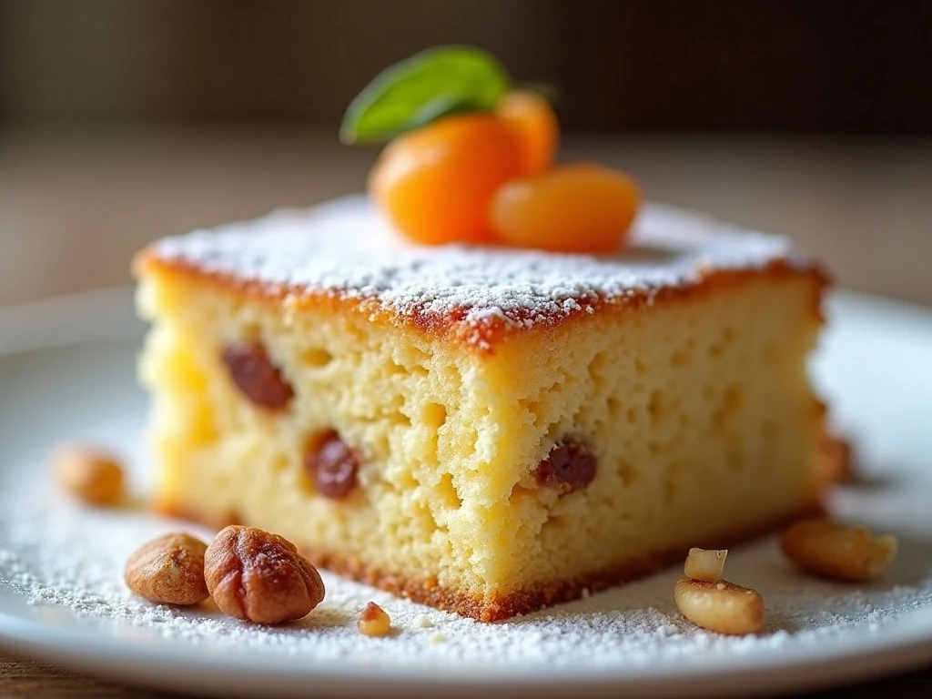 Glazed apricot raisin cake square with nut garnish
