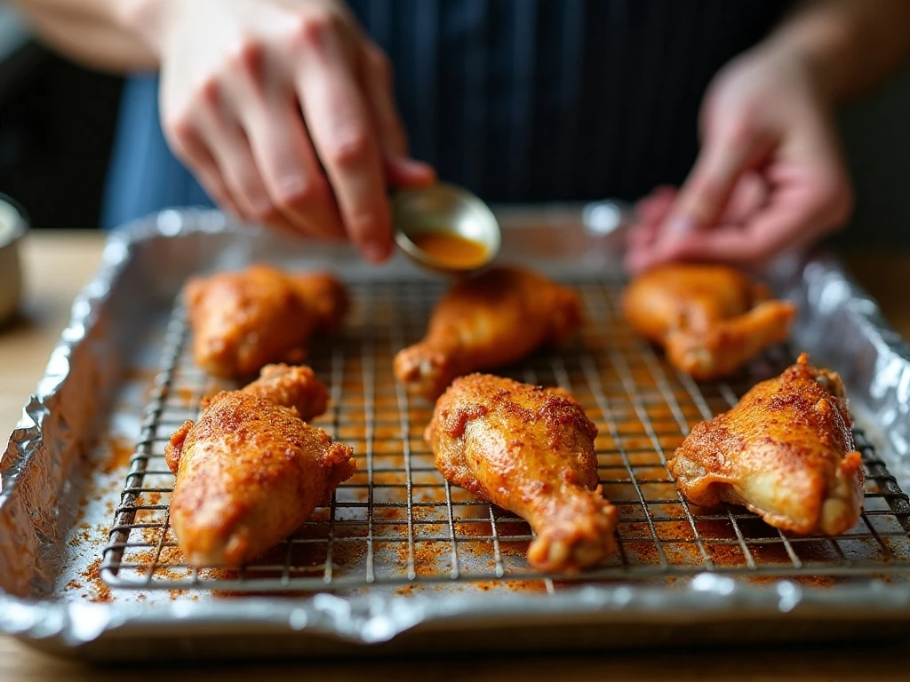 Seasoned chicken wings arranged on a wire rack before baking