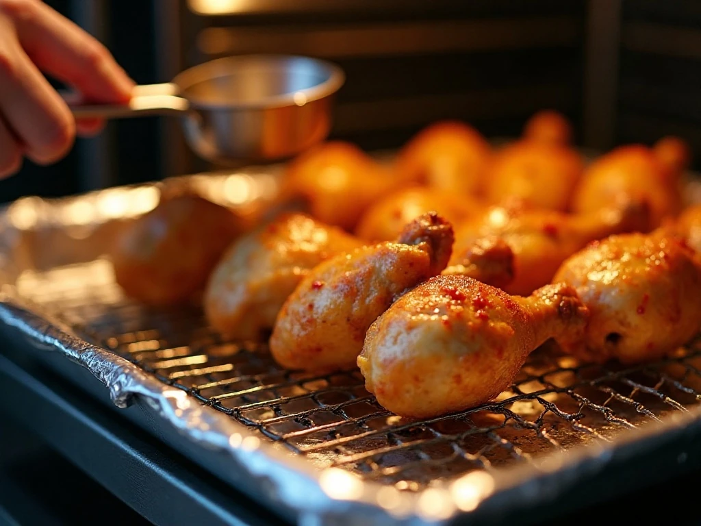 Golden chicken wings baking on a wire rack for crisp skin