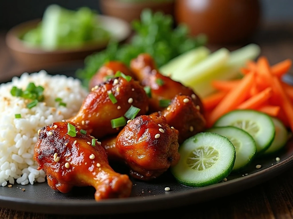 Asian chicken wings served with rice and fresh vegetable sides