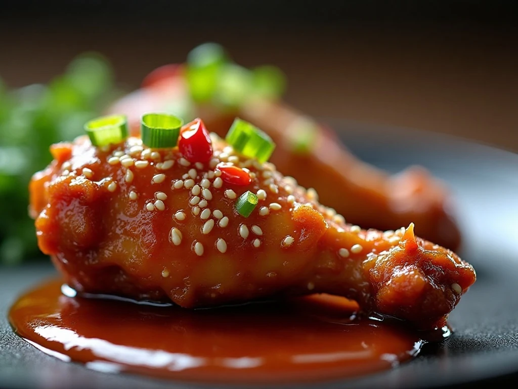 Close-up of a glazed Asian chicken wing with sesame and chili garnish