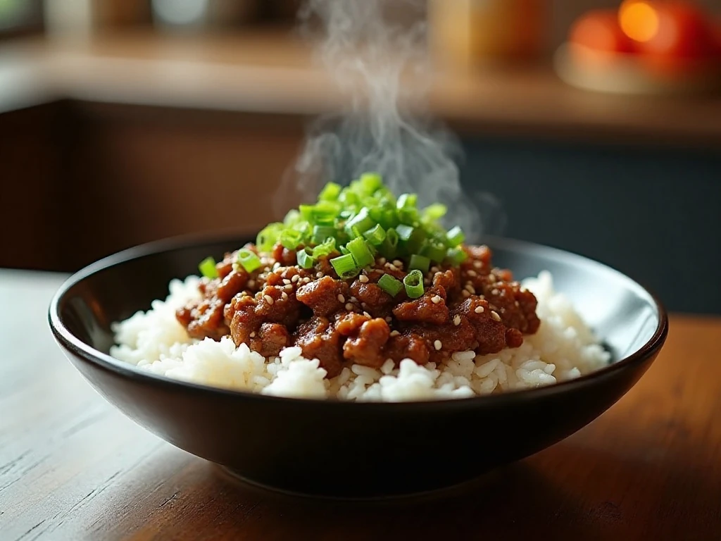 Saucy Asian ground beef served over rice with green onions and sesame seeds
