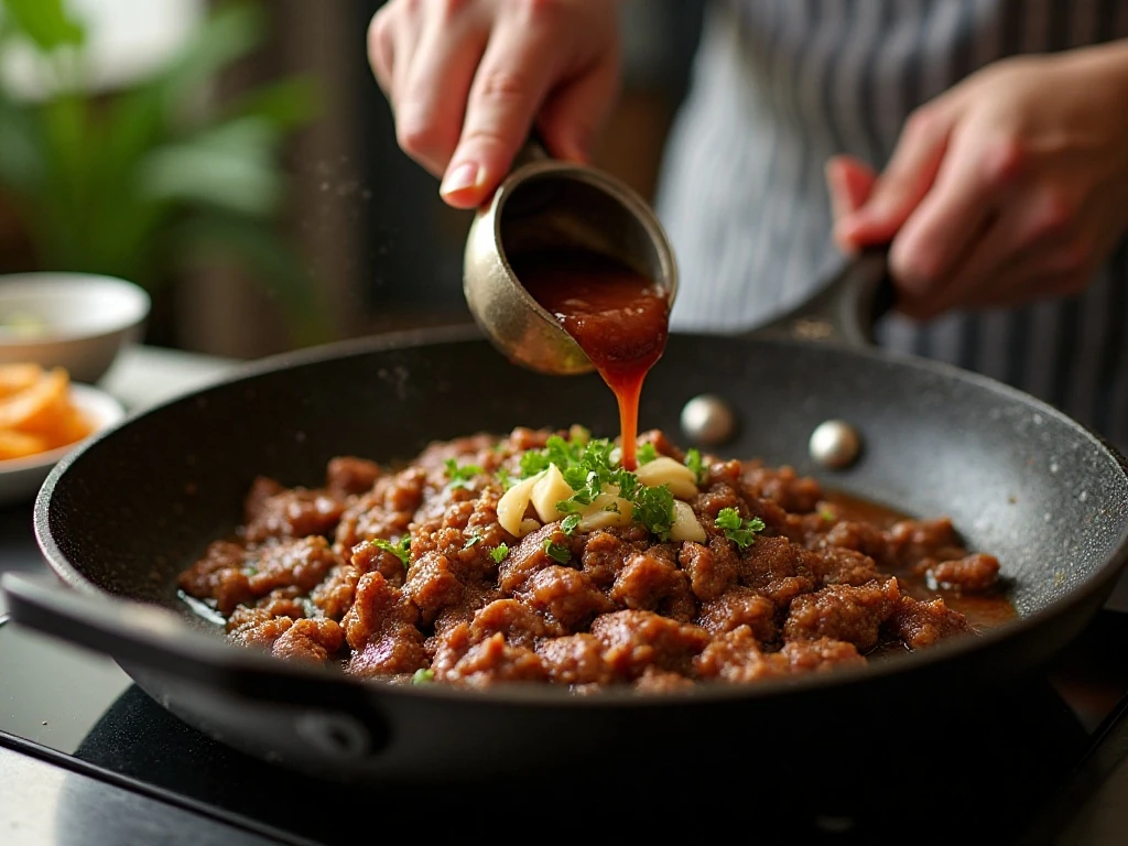 Ground beef being coated with Asian-inspired sauce in a skillet