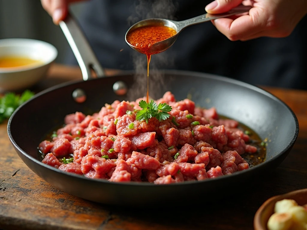 Lean ground beef browning with garlic and ginger