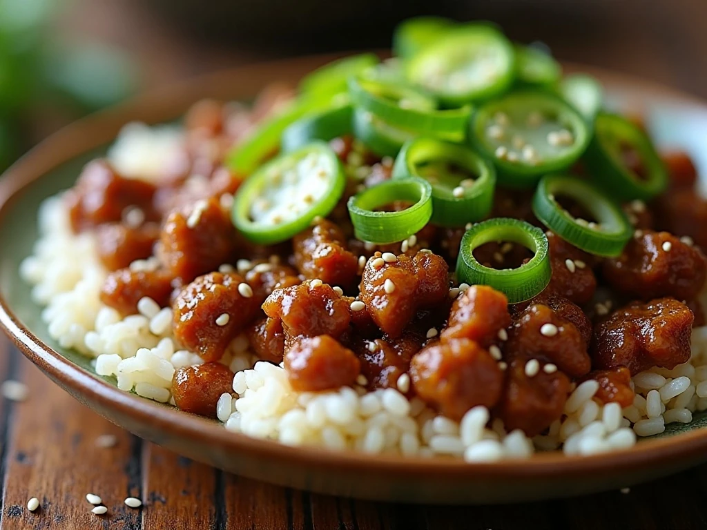 Green onions and sesame seeds garnishing Asian ground beef
