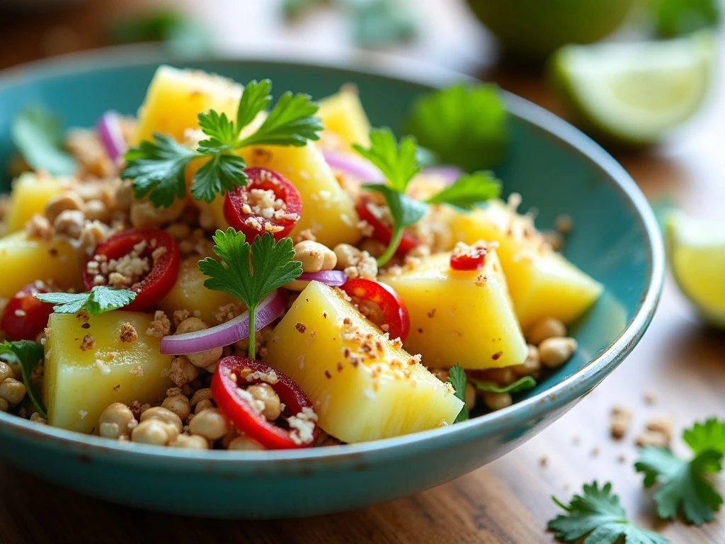 Asian pineapple salad with coconut, peanuts, cilantro, red onion, and chili