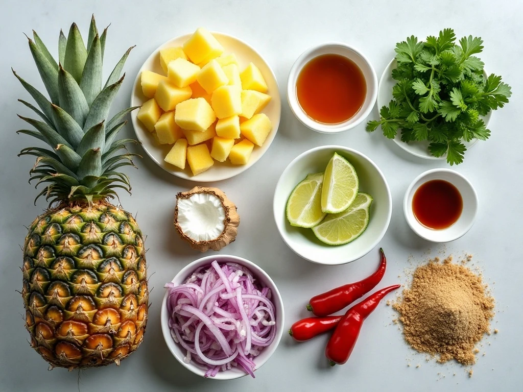 Ingredients for easy Asian pineapple salad with coconut and peanut