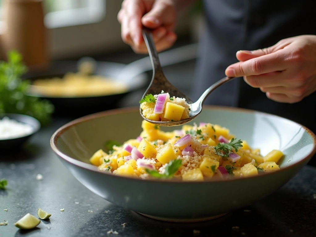 Tossing pineapple and herbs with lime dressing for Asian salad