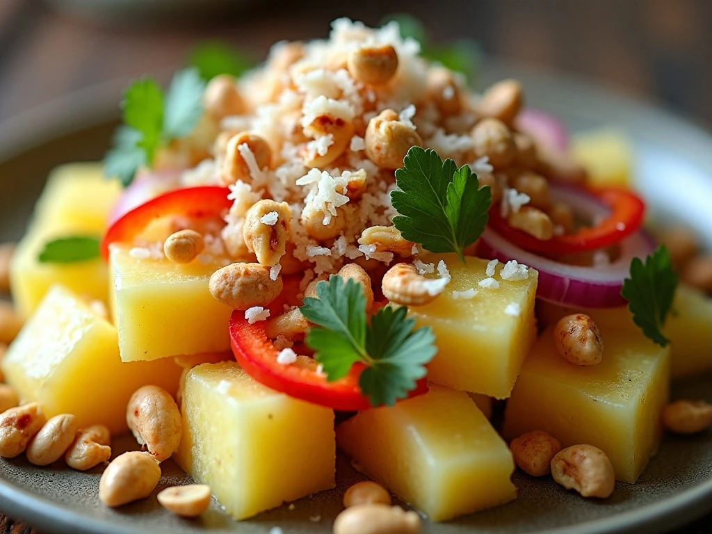 Toasted coconut and peanuts on fresh pineapple salad