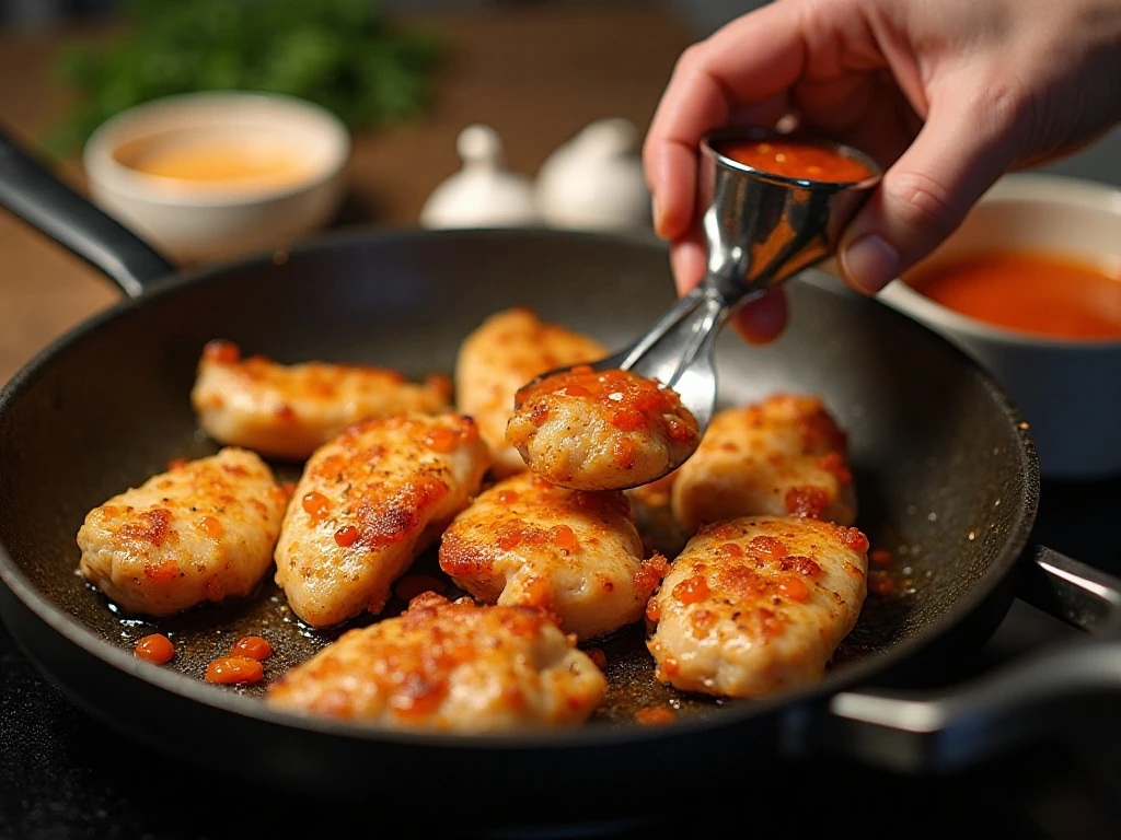 Chicken pieces browning in a skillet before adding sweet chili sauce