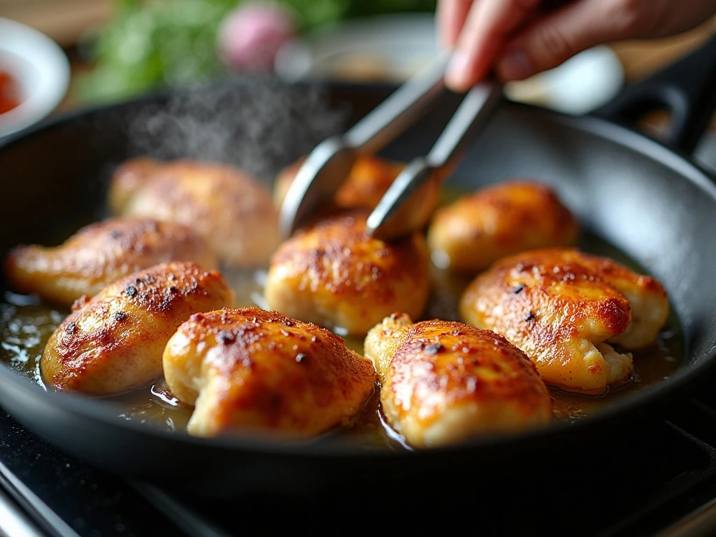 Chicken pieces browning in a single layer for the best texture
