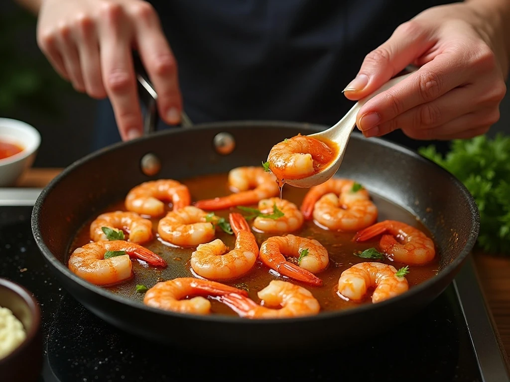 Shrimp cooking in a skillet before sweet chili sauce is added