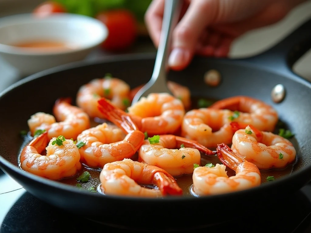 Shrimp cooking until pink and opaque in a hot skillet