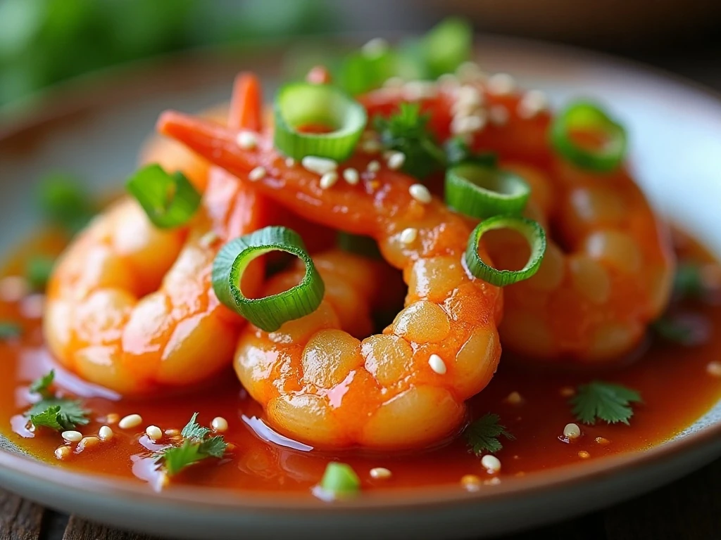 Close-up of sweet chili shrimp with green onions cilantro and sesame seeds