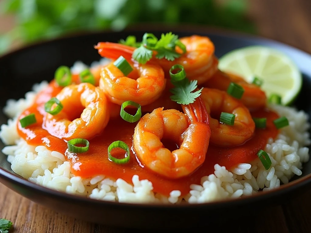Asian sweet chili shrimp served over jasmine rice with green onions and lime