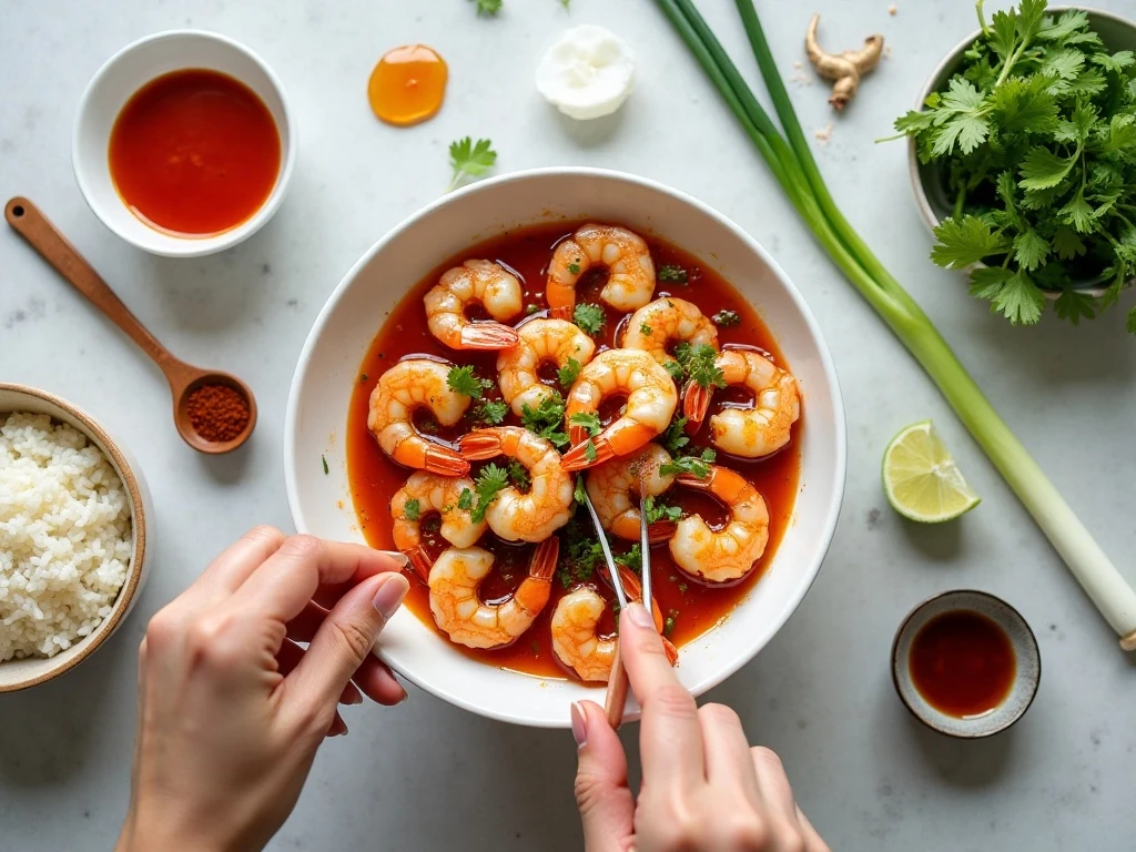 Ingredients for Asian sweet chili shrimp arranged for cooking