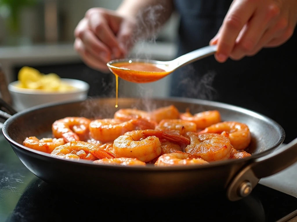 Shrimp searing in a skillet for sweet chili shrimp