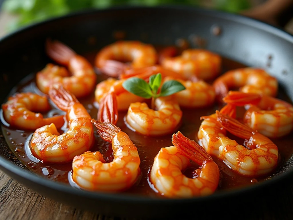 Shrimp coated in glossy sweet chili sauce in a skillet
