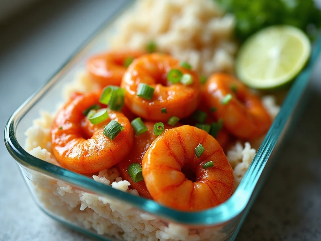 Sweet chili shrimp and jasmine rice prepared for storage