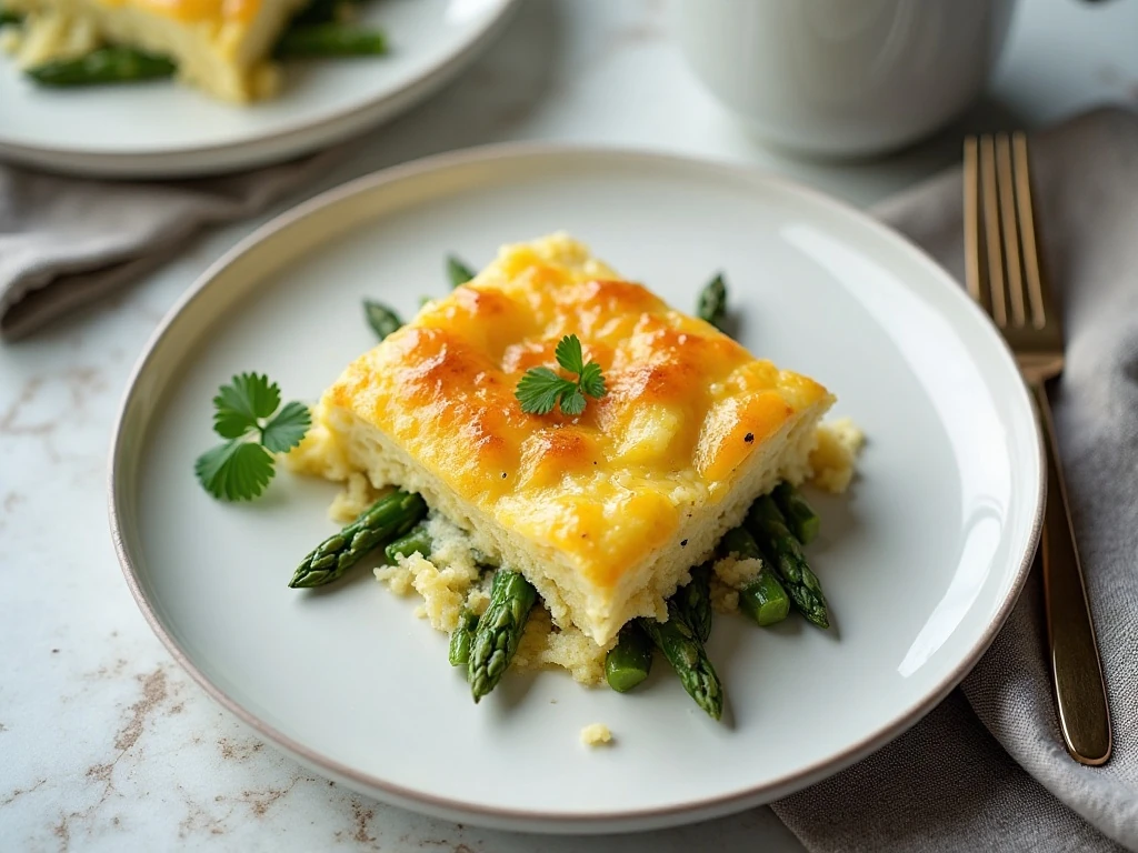 A serving of golden asparagus and egg brunch casserole