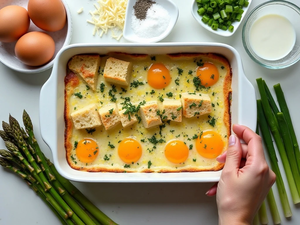 Ingredients for asparagus and egg brunch casserole