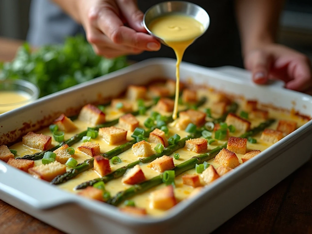 Layering asparagus, bread, cheese, and egg custard for casserole