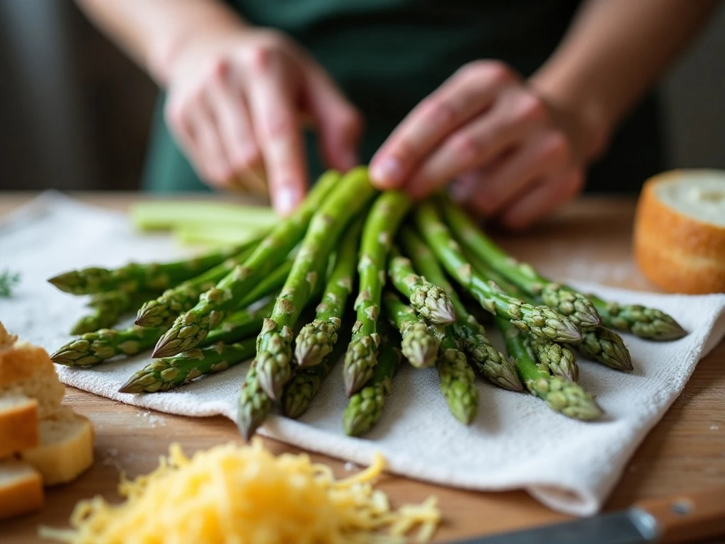 Blanched and dried asparagus prepared for egg casserole