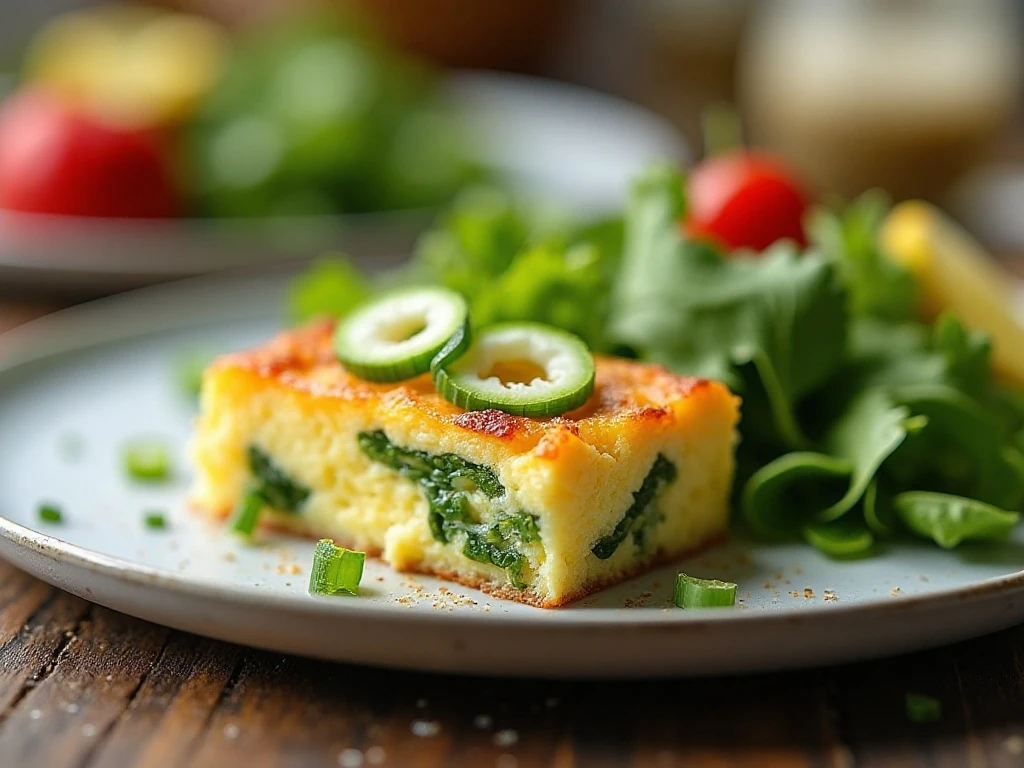 Asparagus egg casserole served with salad and fresh fruit