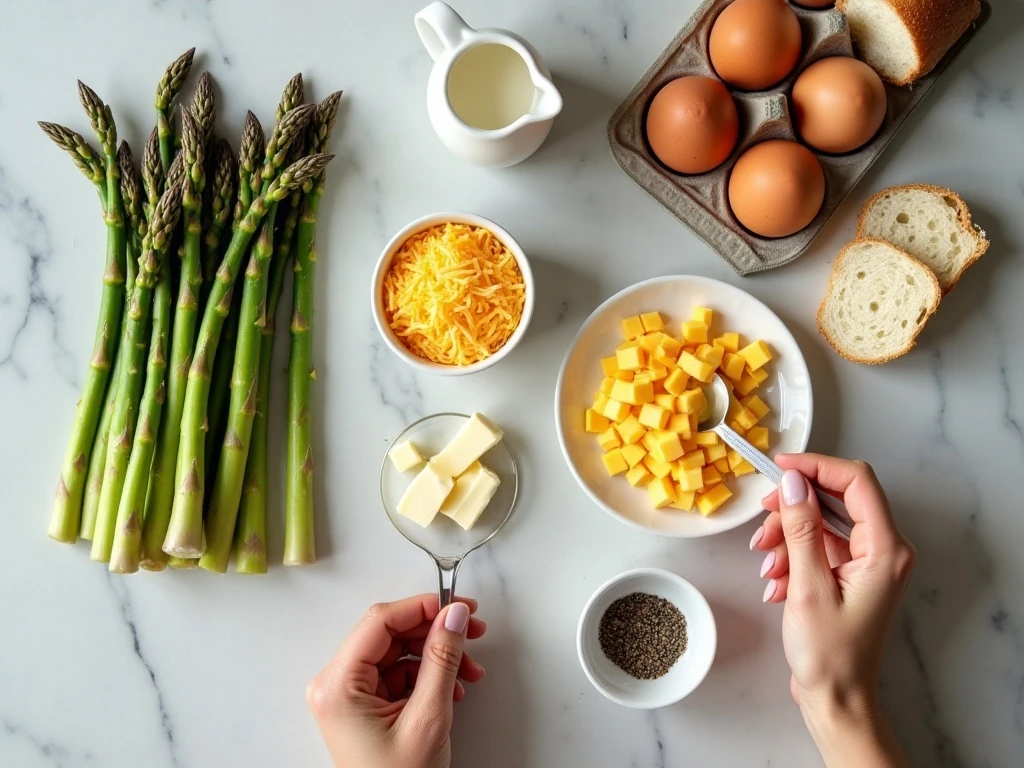 Ingredients for asparagus and egg brunch casserole