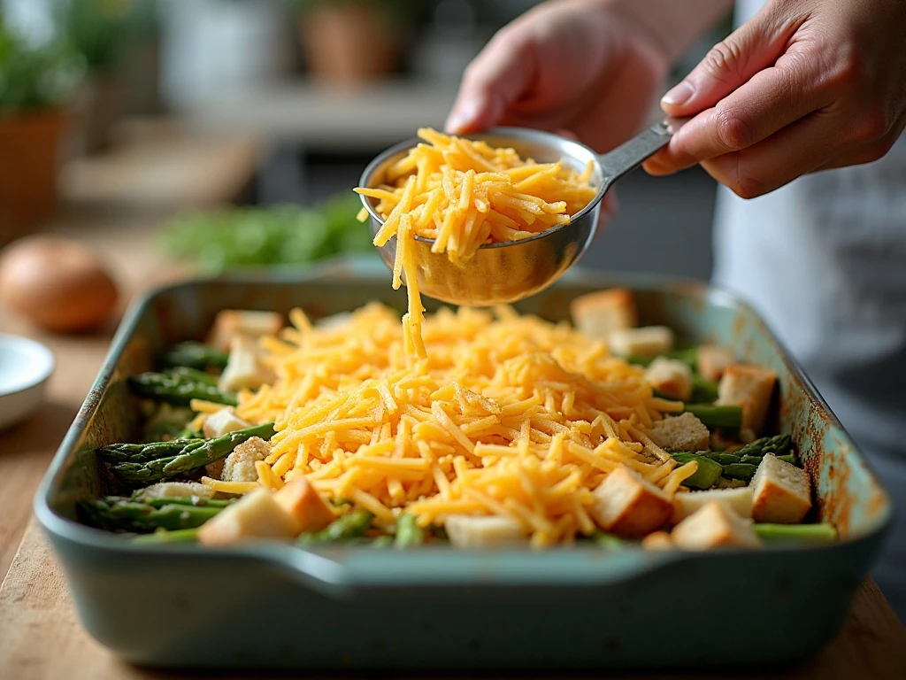 Layering asparagus, bread, onion, and cheese in casserole dish