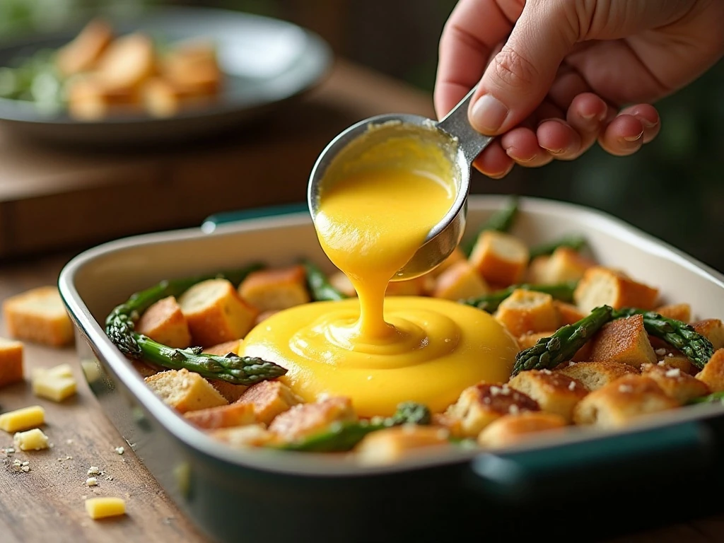 Pouring egg custard over asparagus casserole ingredients
