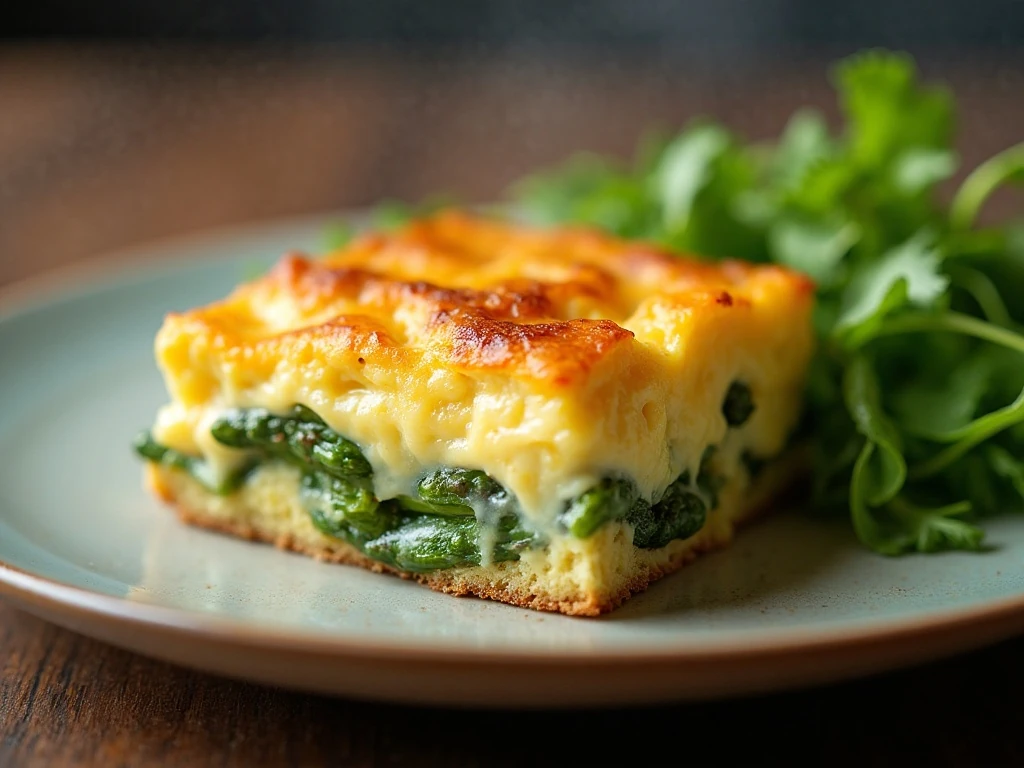 Close-up slice of asparagus egg casserole ready to serve