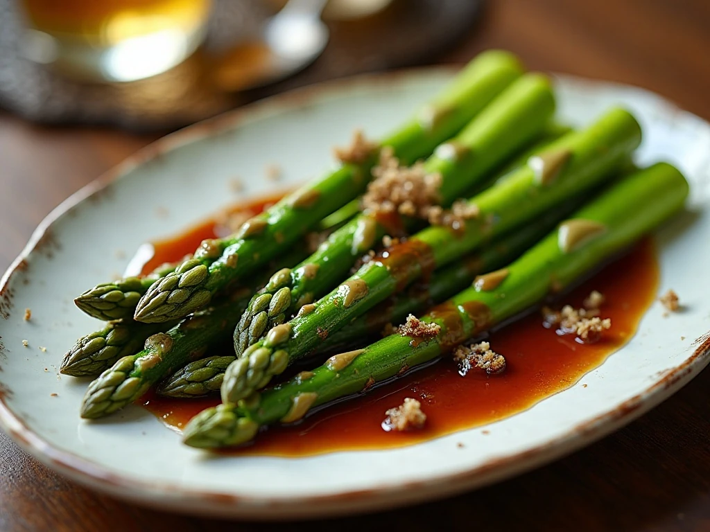 Asparagus with balsamic brown butter arranged on a serving platter