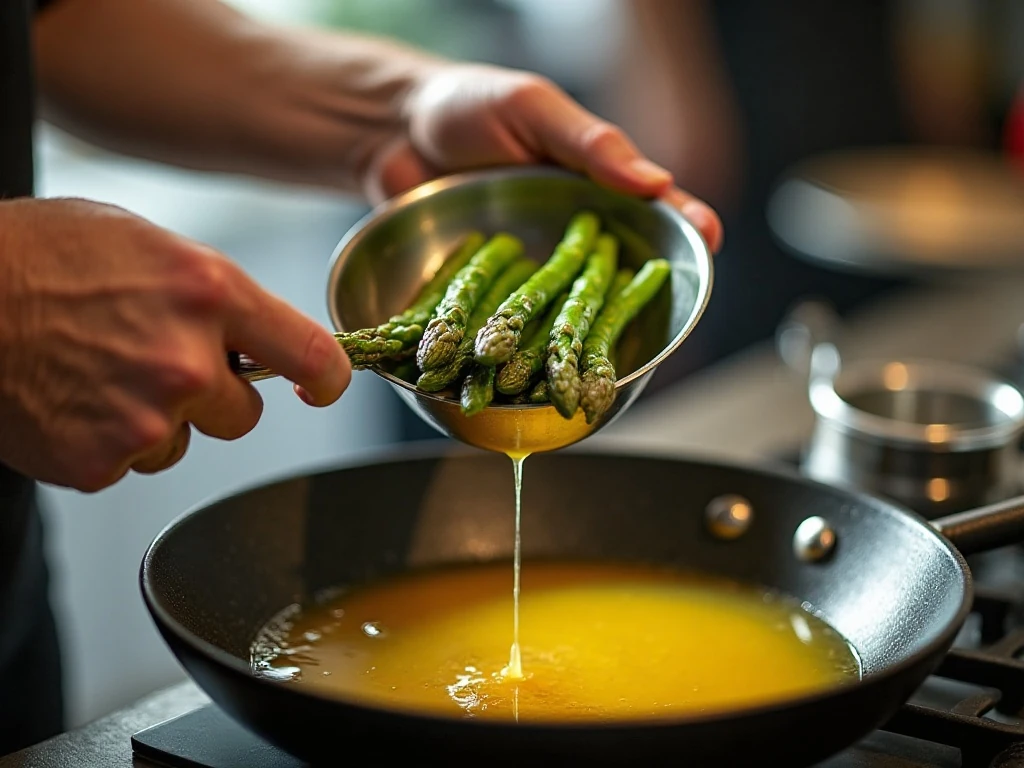 Blanched asparagus and browned butter during preparation
